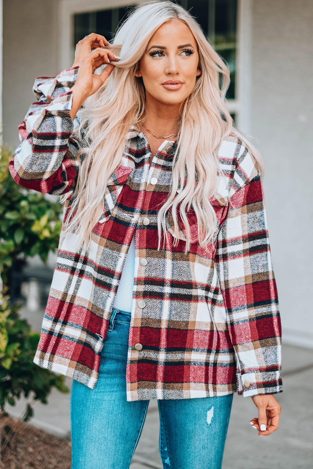 Plaid Print Pocketed Shacket