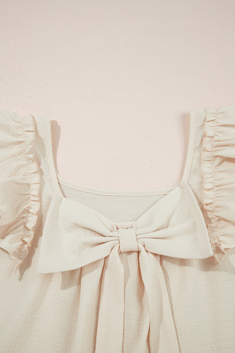 Beige Textured Bow Knot Frilled Butterfly Sleeve Blouse