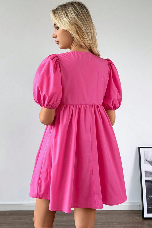 Bright Pink Solid Color Puff Sleeve Mini Dress