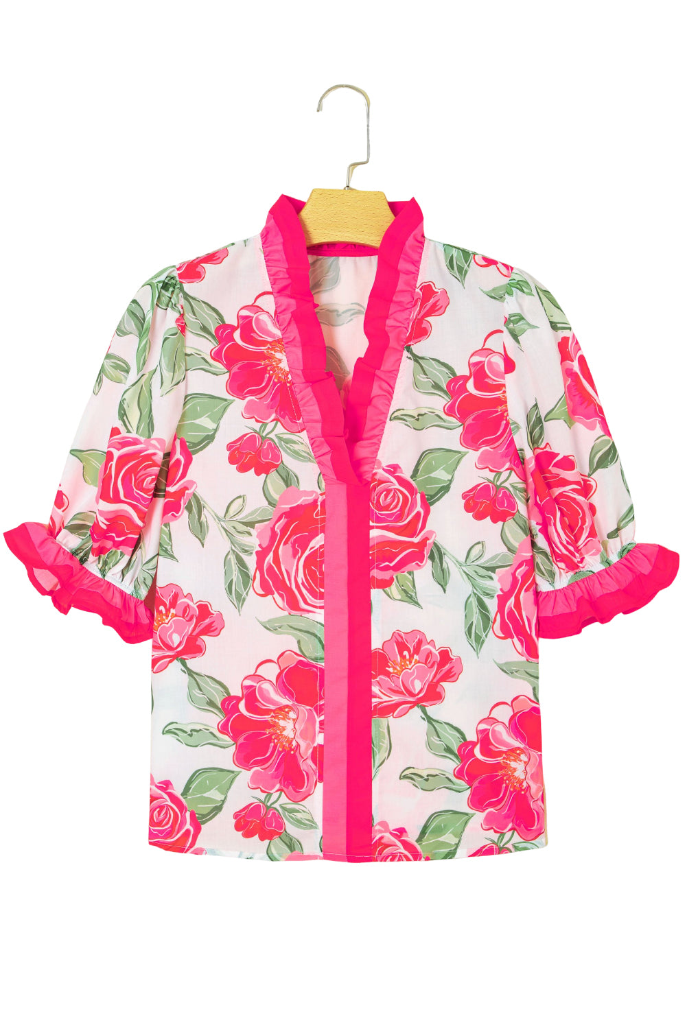 Rose Floral Frilled V Neck Short Sleeve Blouse
