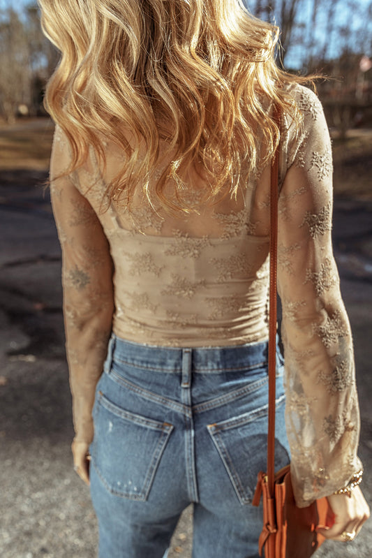 Lace Mesh Slim Fit Long Sleeve Blouse