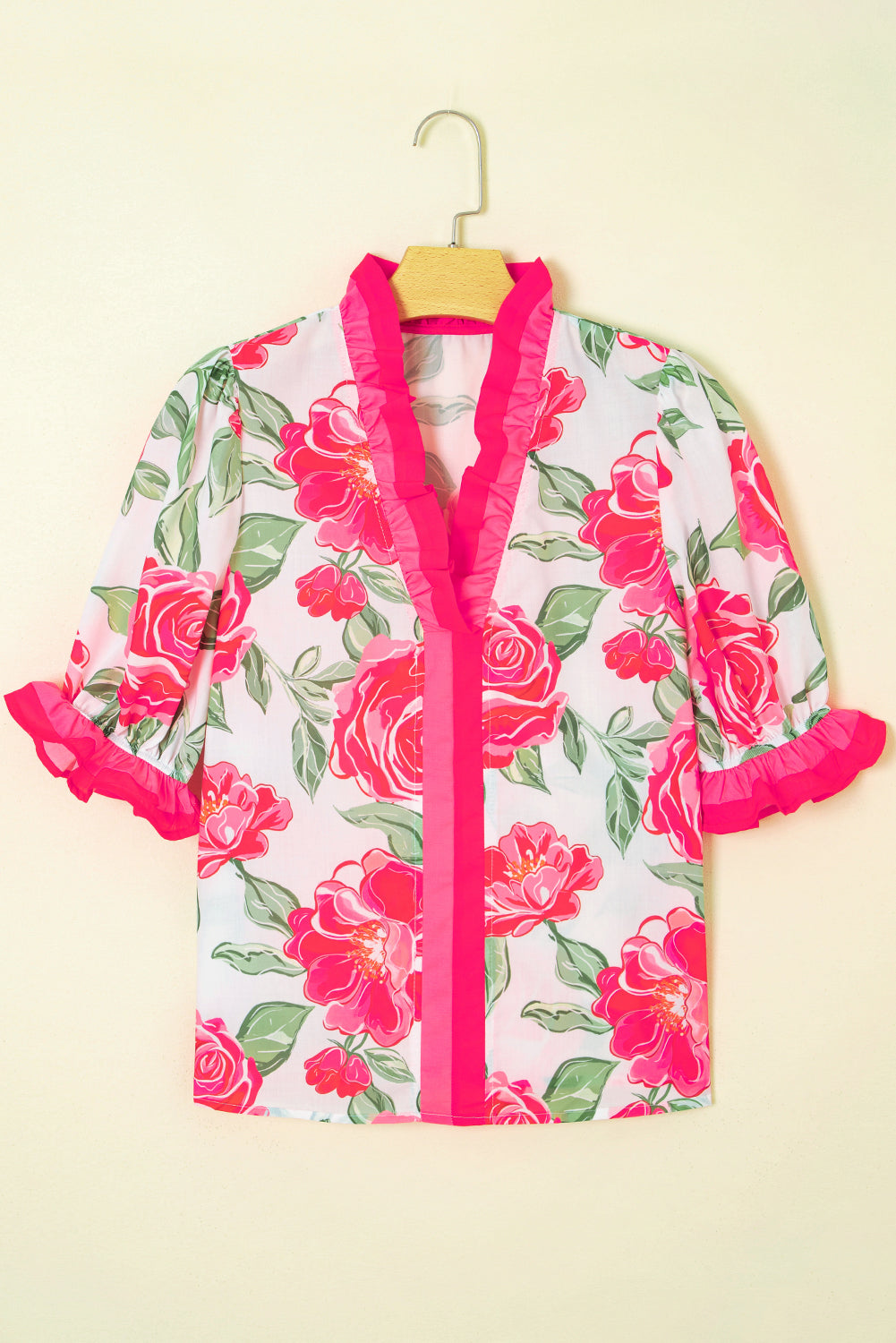 Rose Floral Frilled V Neck Short Sleeve Blouse