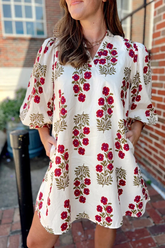 White Floral 3/4 Sleeve Loose Mini Dress