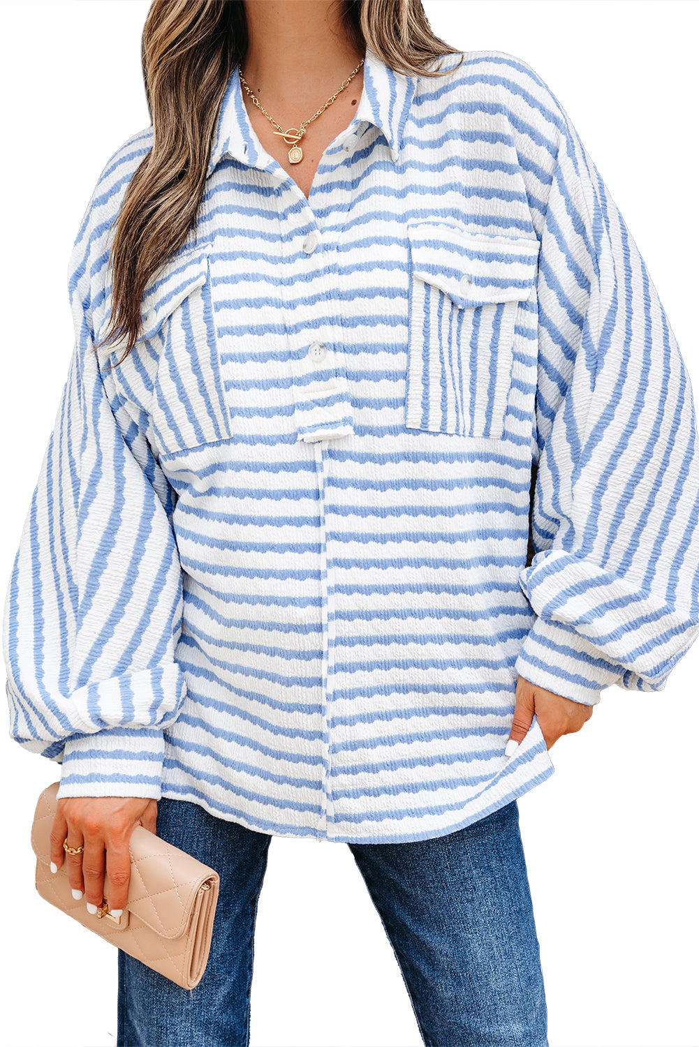 Blue Striped Half Button Sweater
