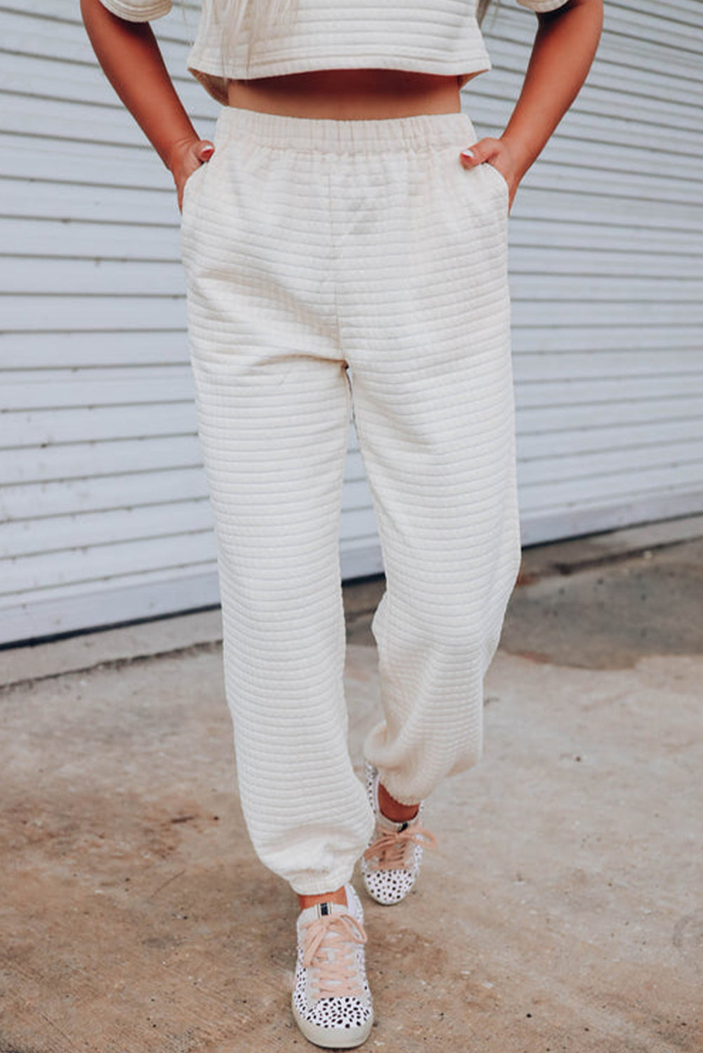 White Textured Cropped Tee and Jogger Pants Set