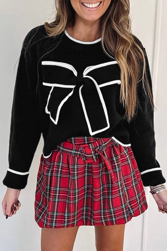Black Contrast Trim Big Bow Accent Holiday Cropped Sweater