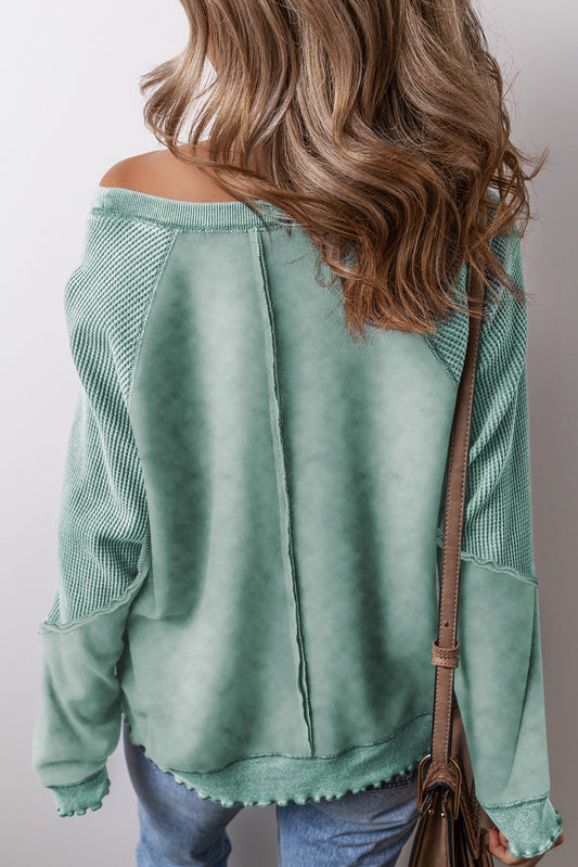 Waffle Knit Patchwork Long Sleeve Sweater