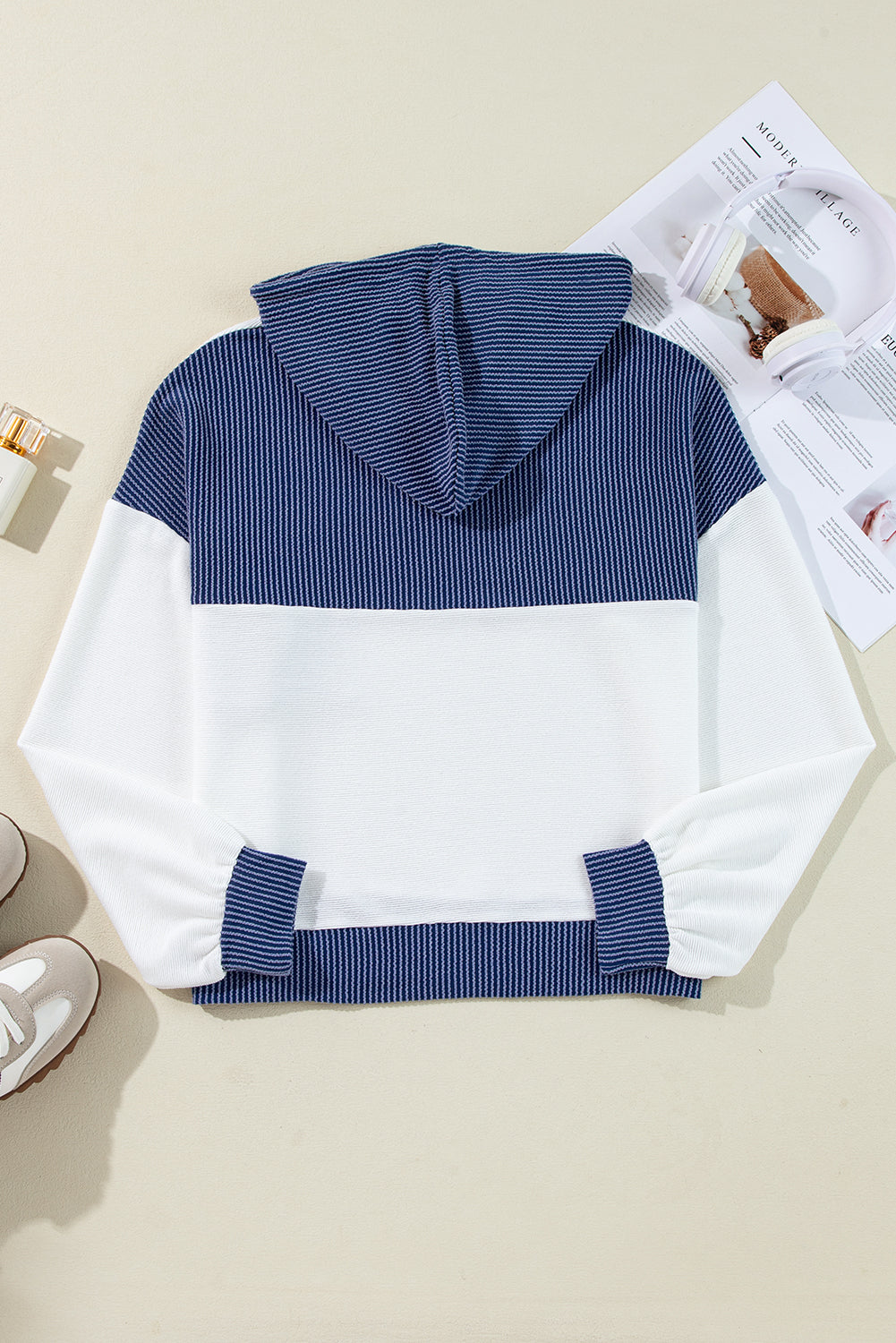 White Corded Colorblock Drawstring Hooded Top