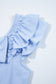 Blue Textured Bow Knot Frilled Butterfly Sleeve Blouse