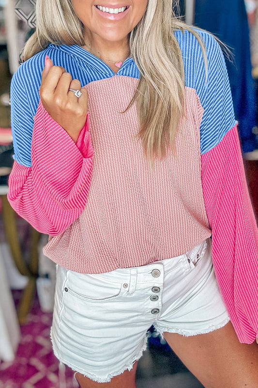 Pink Color Block Patchwork Corded Knit Loose Fit Sweater