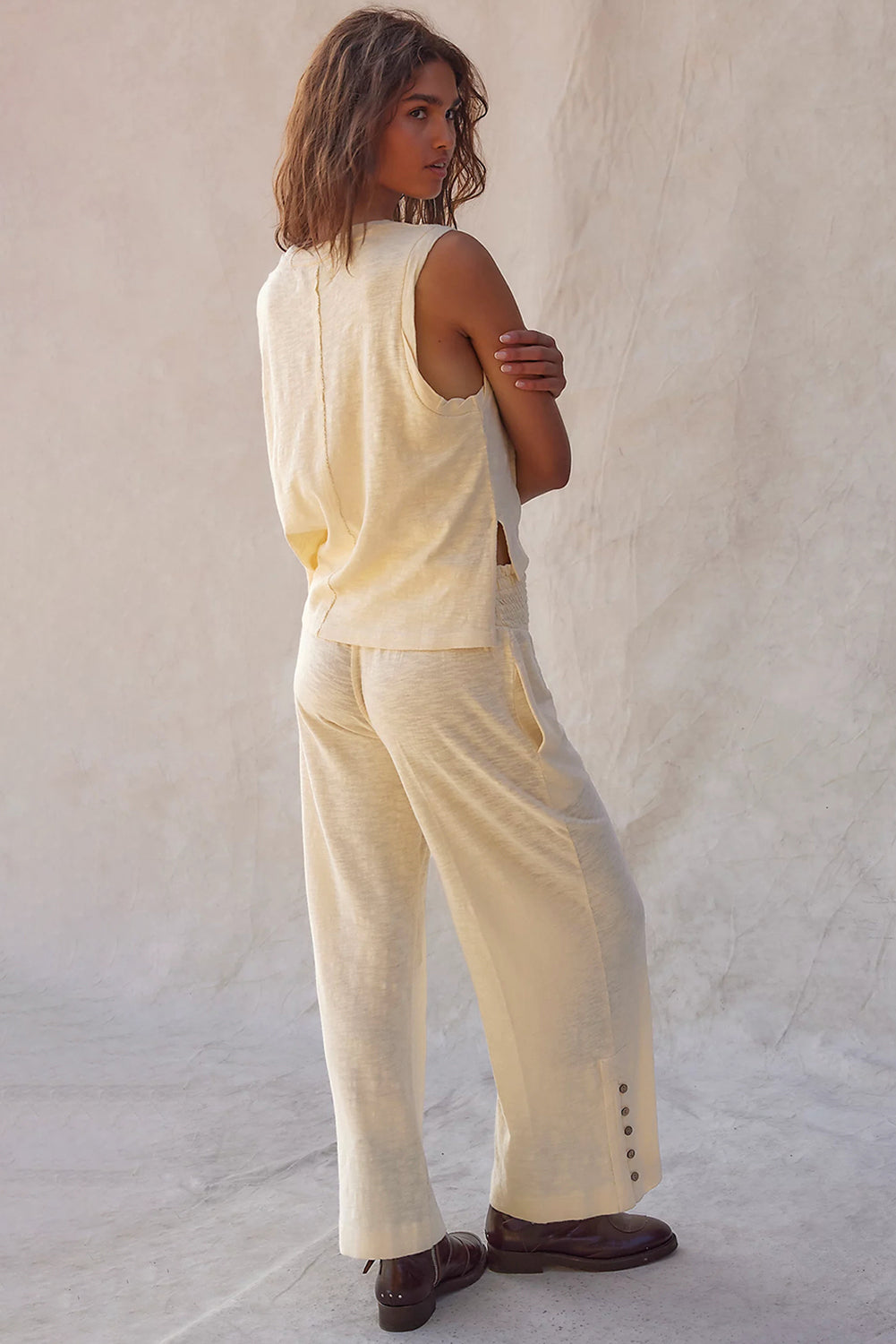 Beige Solid Color Tank Top and Pants Set