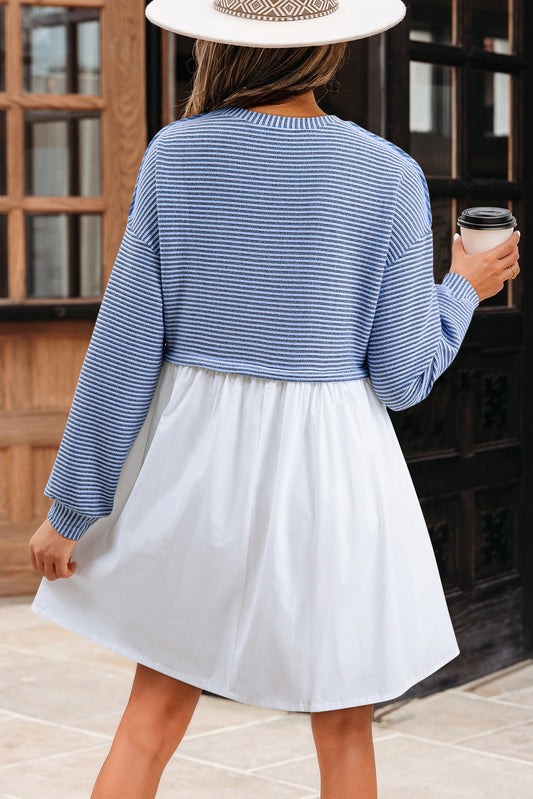 Sky Blue Stripe Pleated High Waist Dress