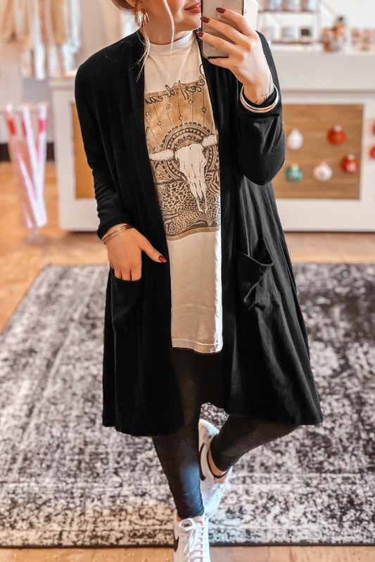 Black Solid Color Open Front Cardigan with Pockets