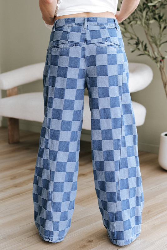 Blue Checkered Denim Wide Leg Jeans