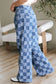 Blue Checkered Denim Wide Leg Jeans