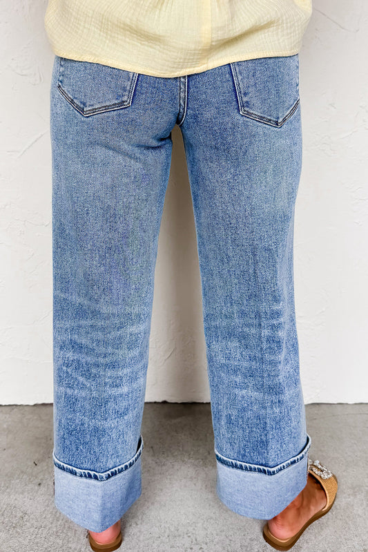 Center Seam Cuffed Straight High Waist Jeans