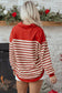 Red Stripe Buttoned V Neck Collared Drop Shoulder Top