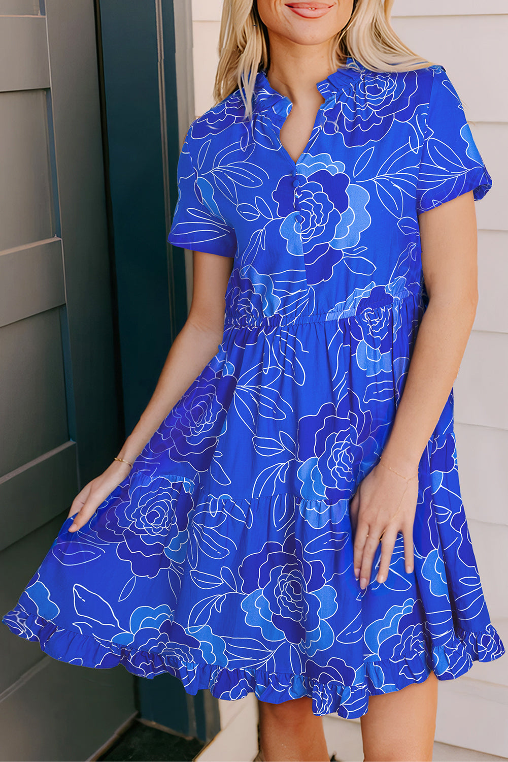 Blue Floral Ruffled Flowy Dress