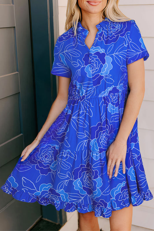 Blue Floral Ruffled Flowy Dress