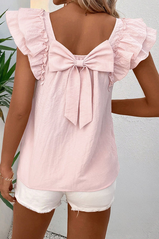 Pink Textured Bow Knot Frilled Butterfly Sleeve Blouse