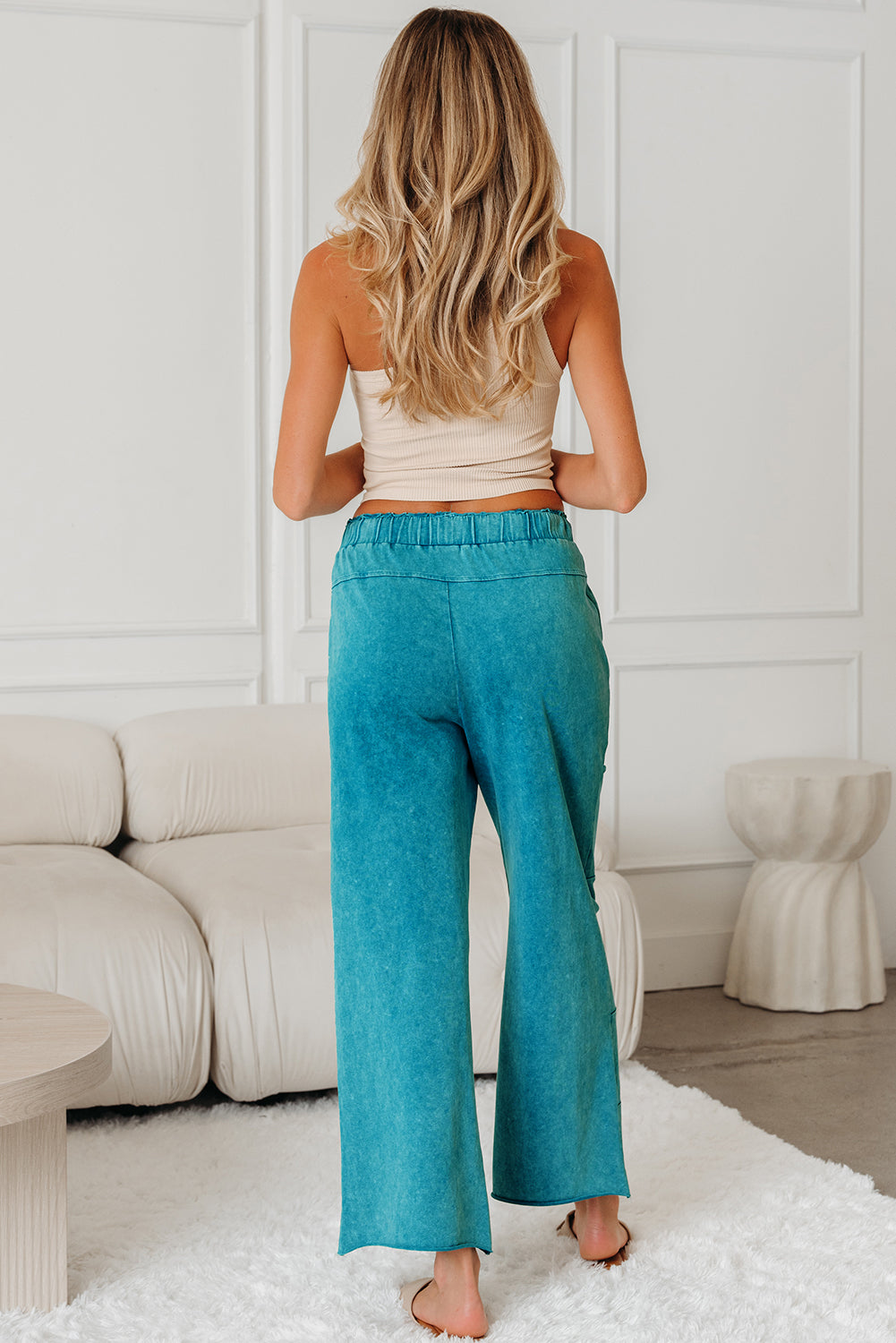 Teal Raw Hem Patched Pocket Pants