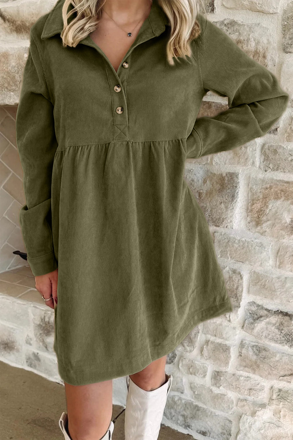 Corduroy Collared Long Sleeve Mini Dress