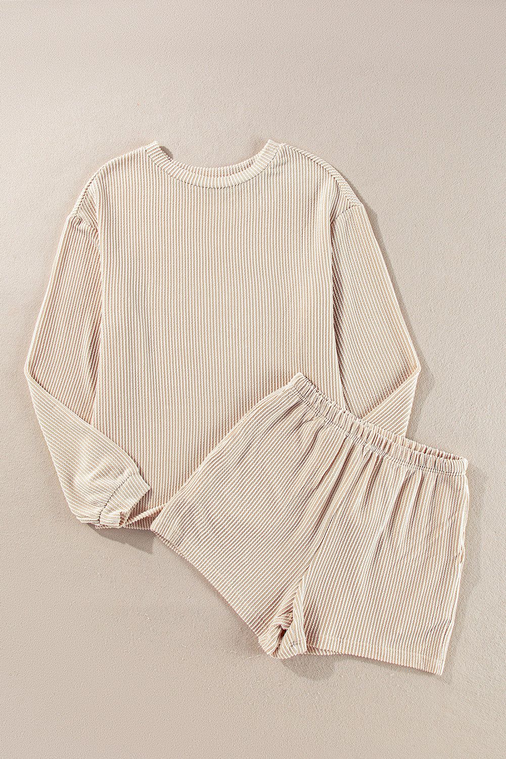 Corded Knit Long Sleeve Top and High Waist Shorts Set