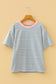 Sky Blue Stripe Contrast Crew Neck Drop Shoulder Loose Tee