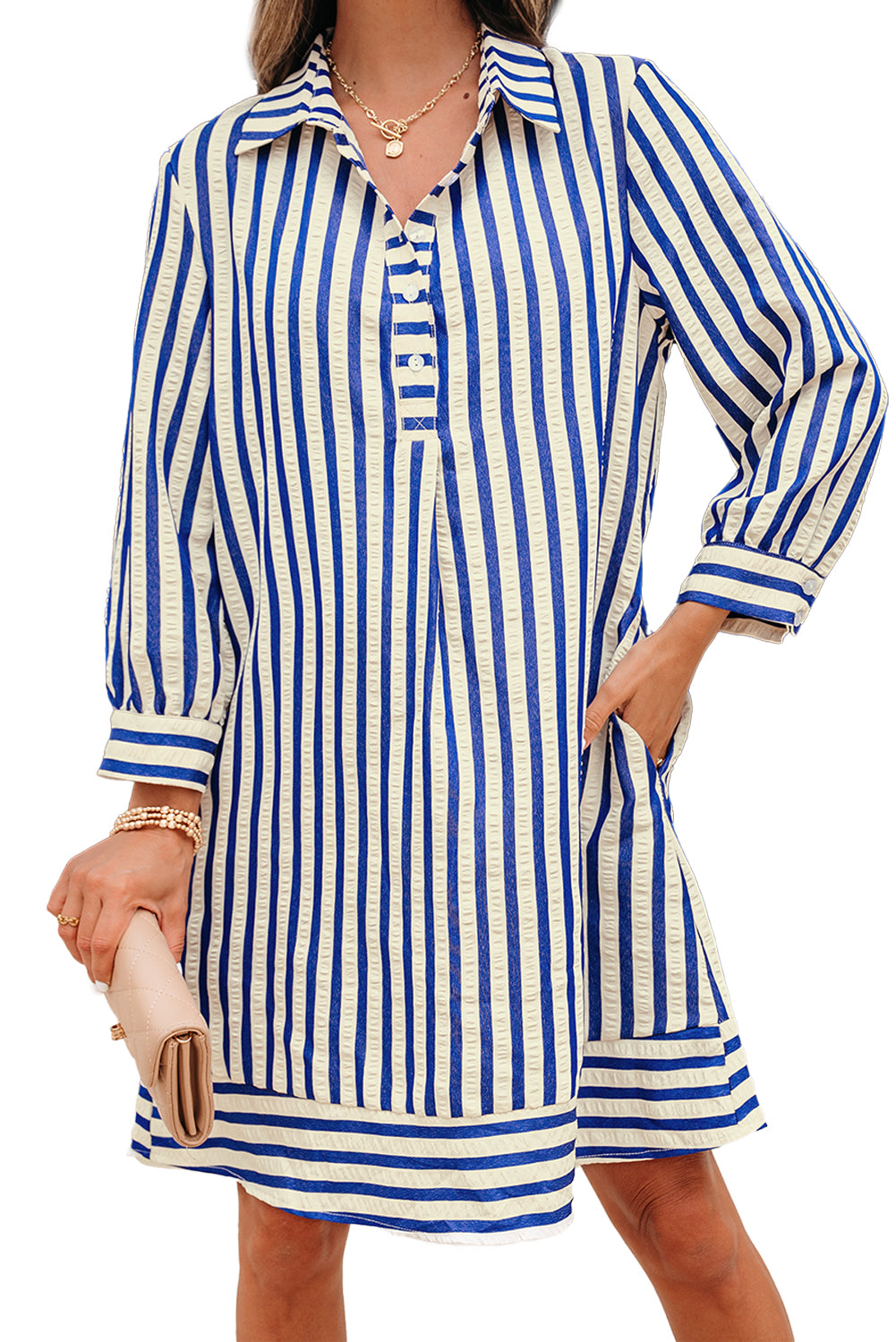 Blue Stripe Half Button Mini Dress