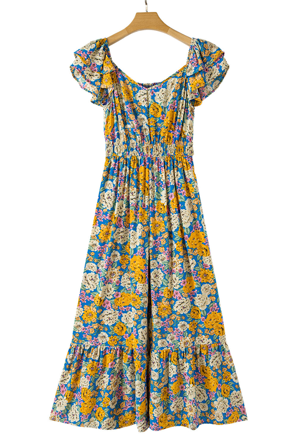 Yellow Floral Shirred Cut Out High Waist Jumpsuit