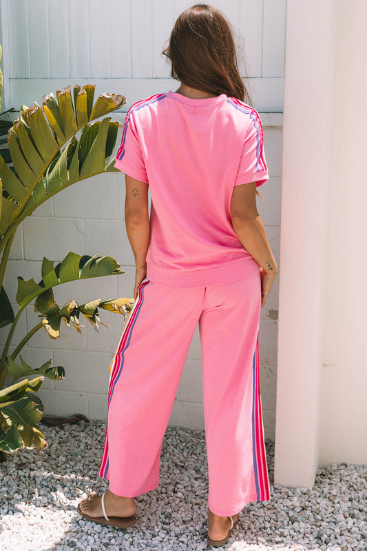 Contrast T Shirt and Wide Leg High Waist Pants Set