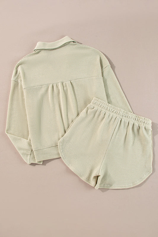 Textured Buttoned Long Sleeve Top & Shorts Set