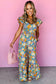 Yellow Floral Shirred Cut Out High Waist Jumpsuit
