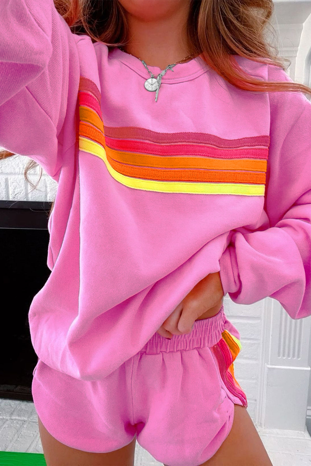 Striped Accent Pullover and Shorts Two Piece Set