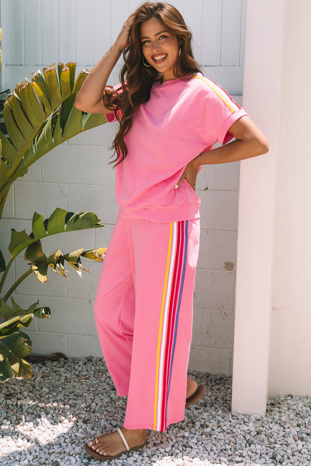 Contrast T Shirt and Wide Leg High Waist Pants Set