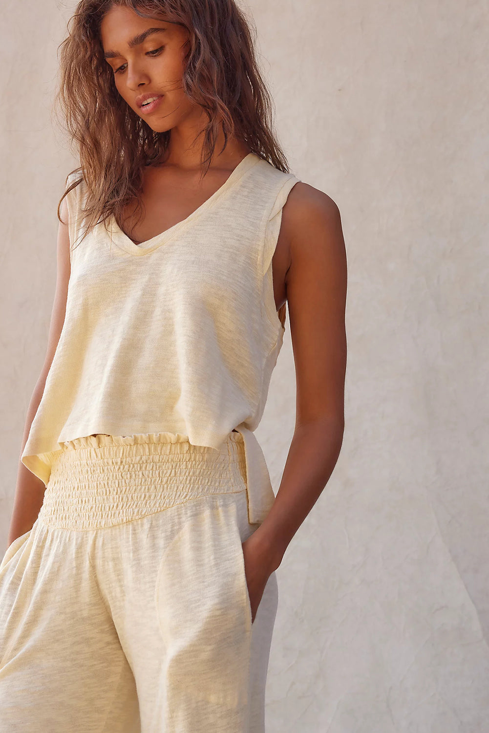 Beige Solid Color Tank Top and Pants Set