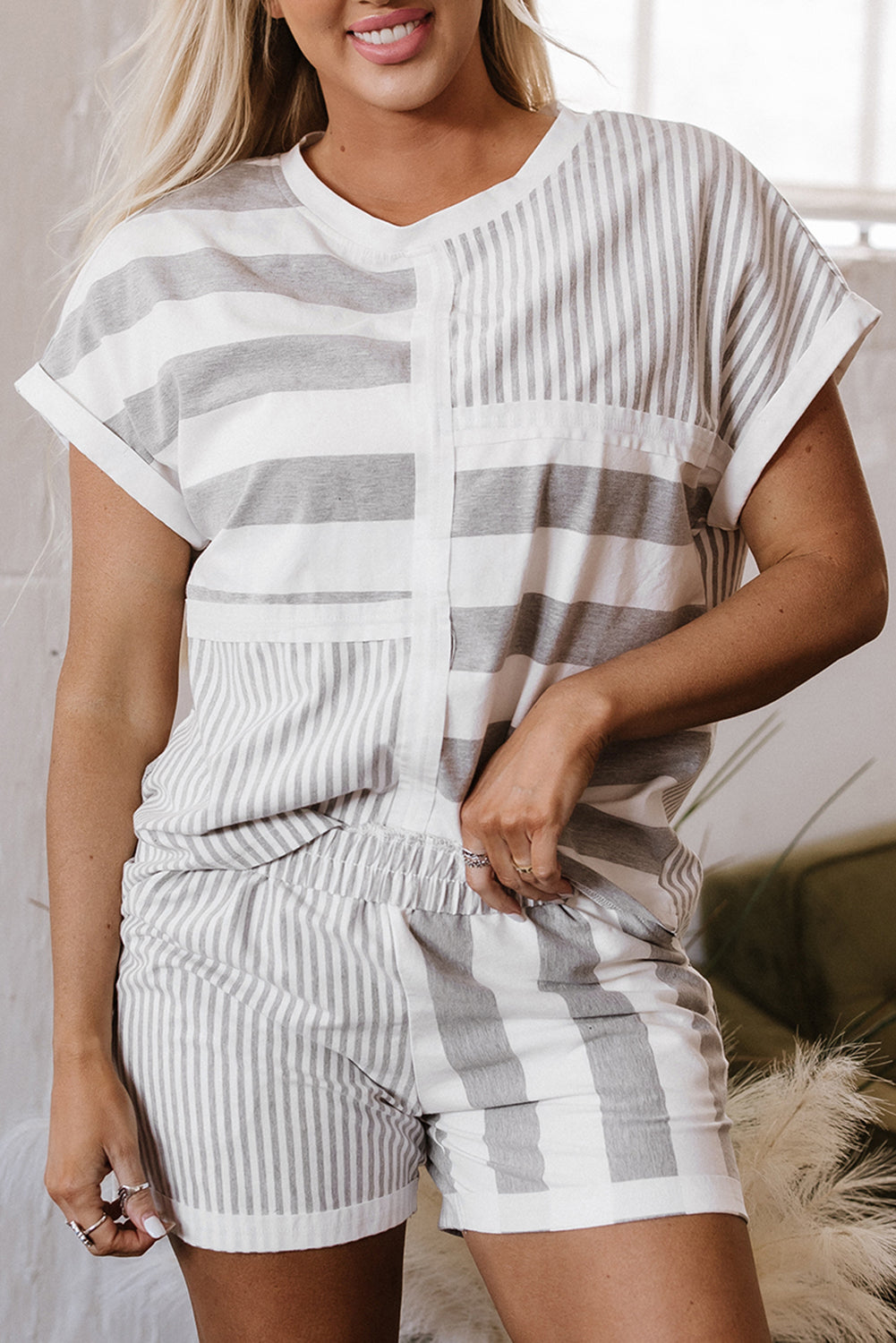 Gray Stripe Short Sleeve Top and Shorts Set