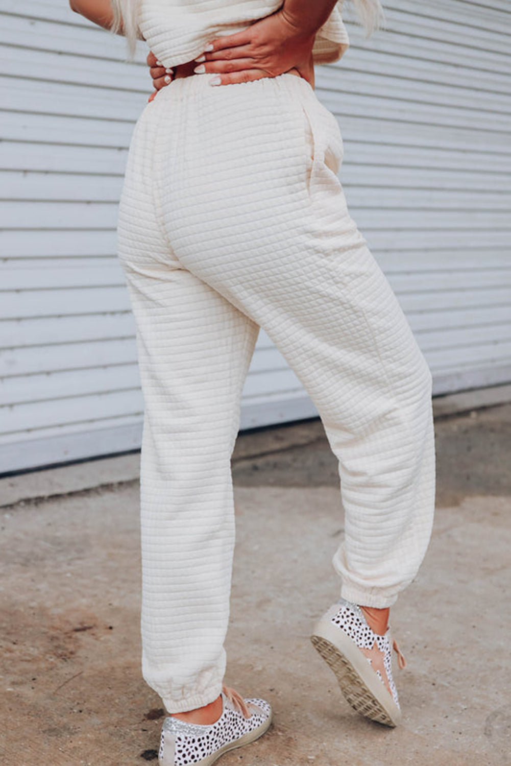 White Textured Cropped Tee and Jogger Pants Set