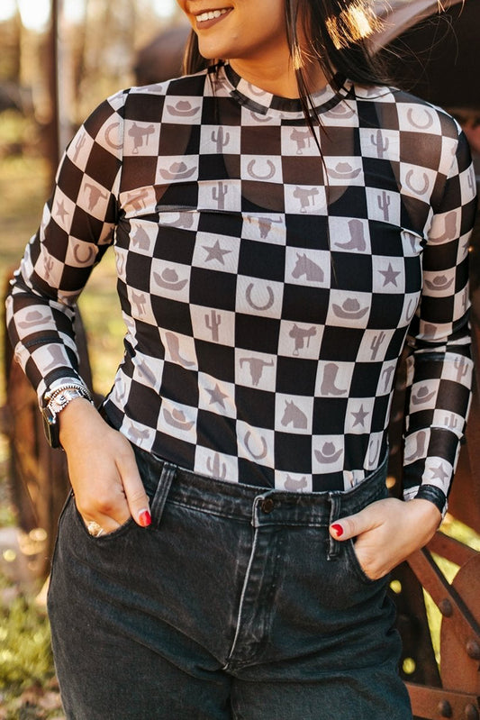 Black Checkerboard Western Elements Printed Mesh Top