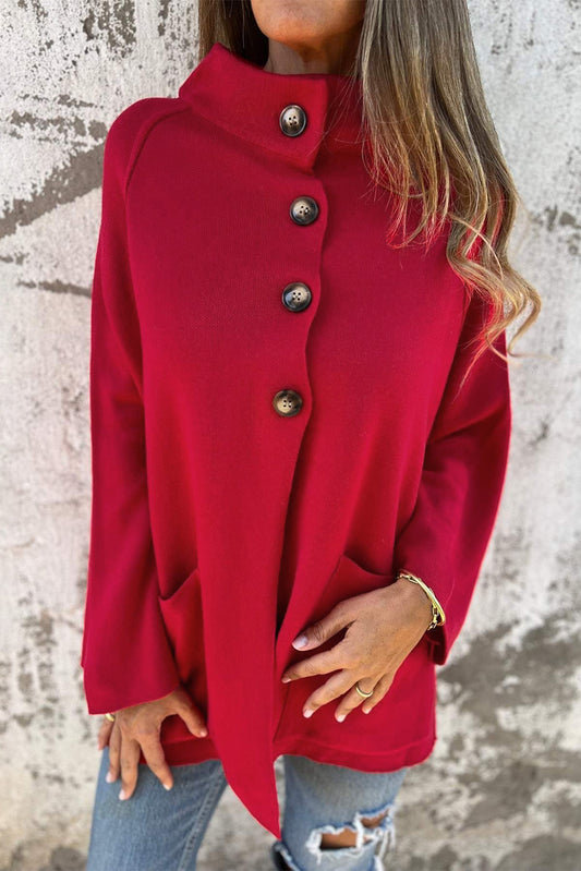 Fiery Red Collared Button Cardigan Jacket