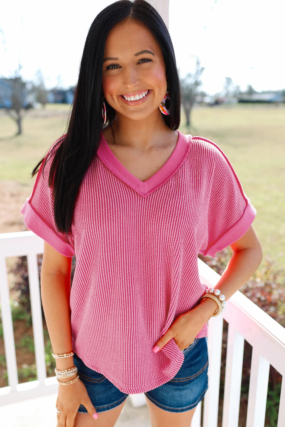 Rose Twisted Ribbed Knit V Neck Casual Tee