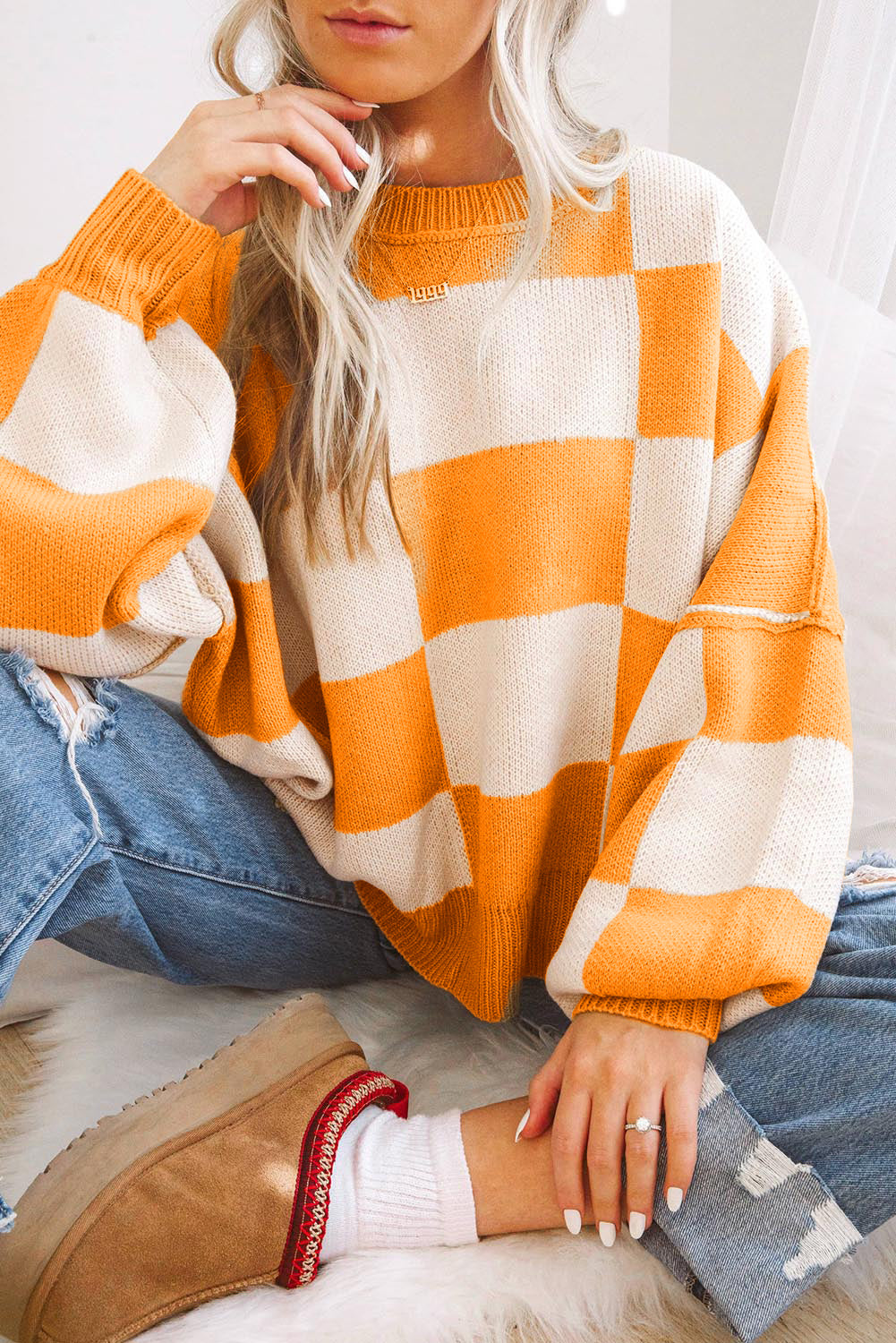 Checkered Balloon Sleeve Sweater