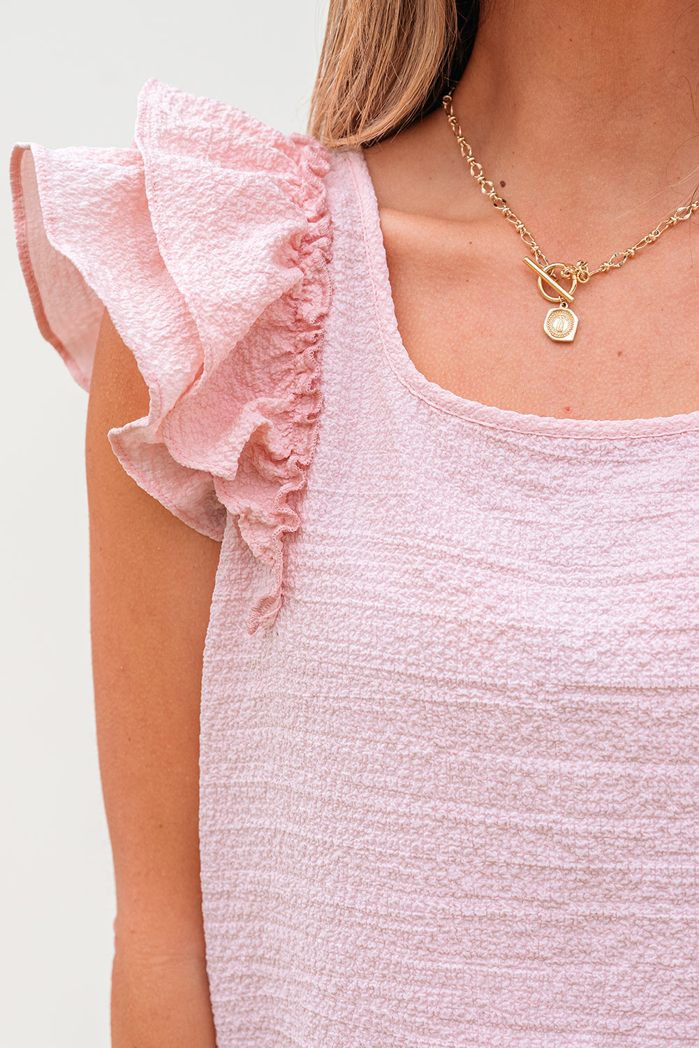 Pink Textured Bow Knot Frilled Butterfly Sleeve Blouse