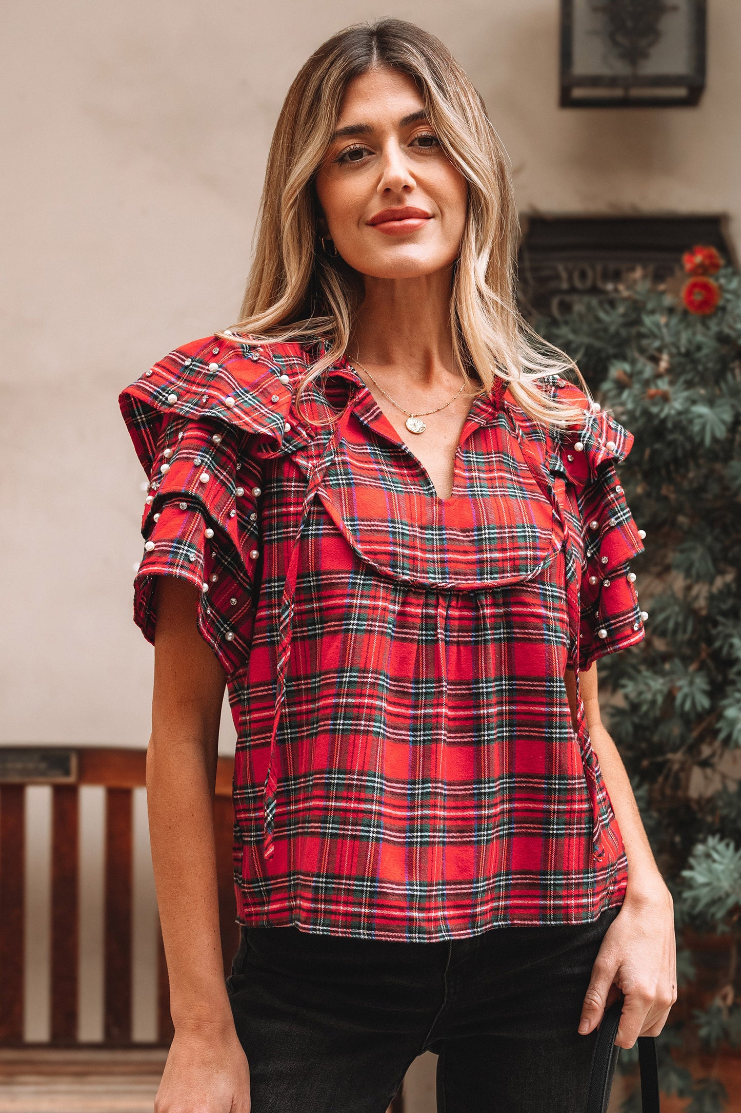 Festive Plaid Pearl Embellished Blouse