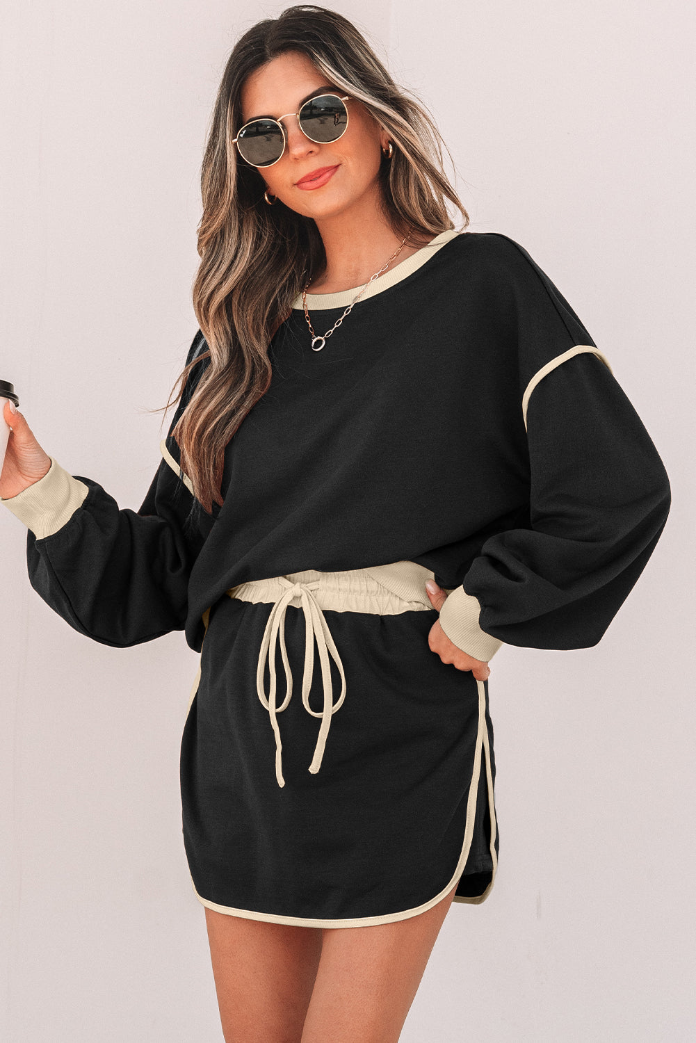 Black Color Pullover and Lace-up Waist Skort Set