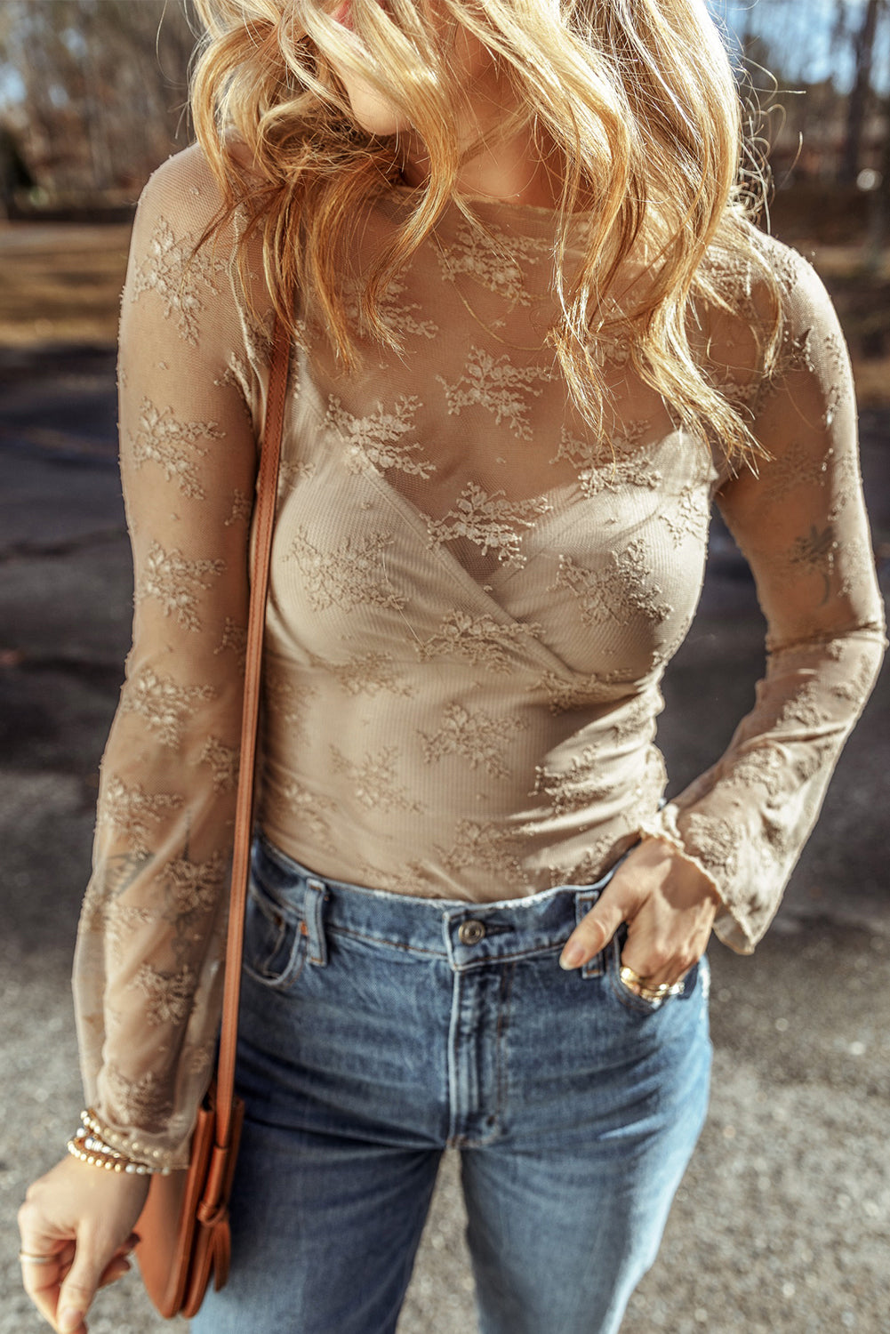 Lace Mesh Slim Fit Long Sleeve Blouse