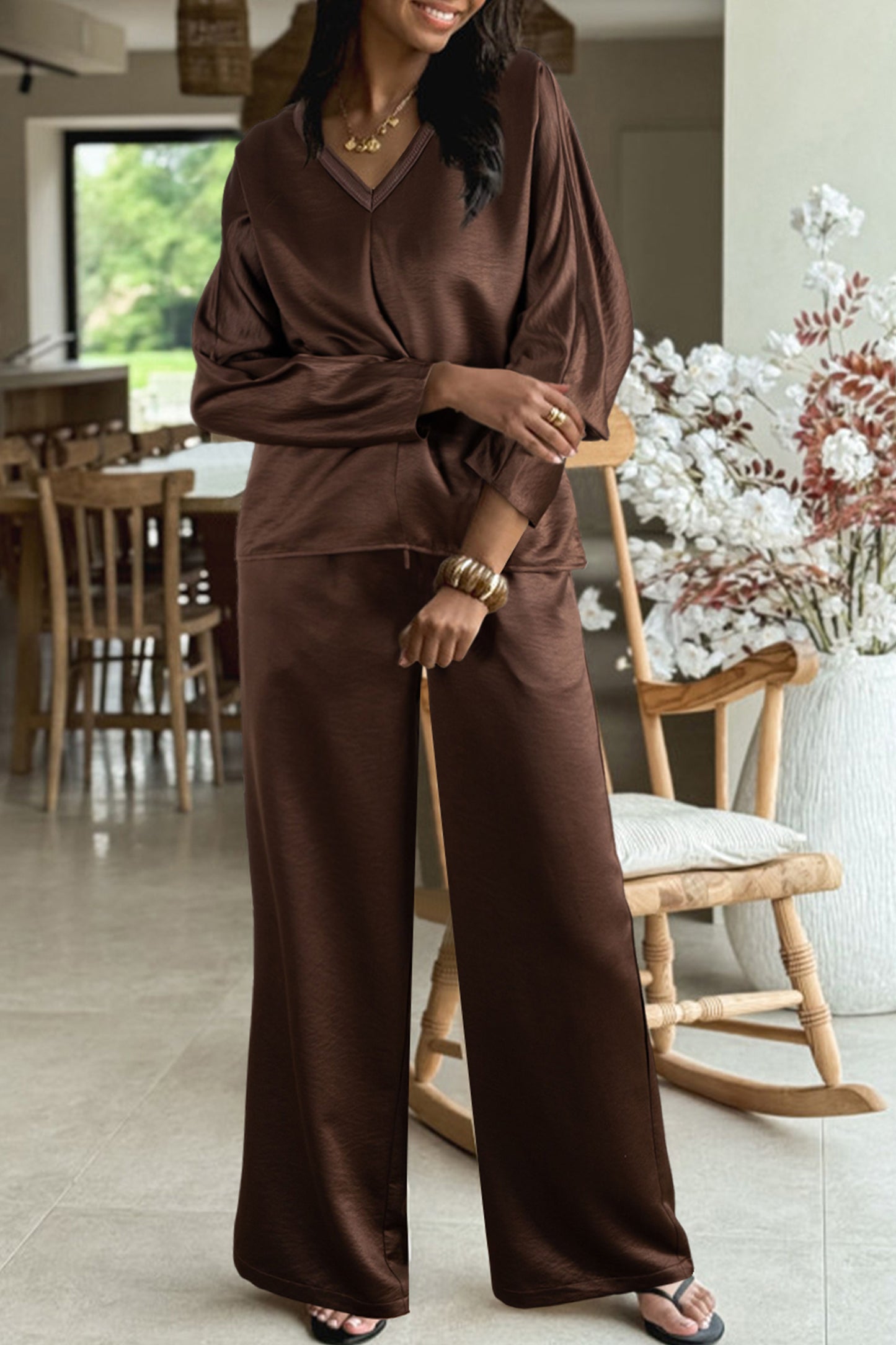 Brown V Neck Lounge Set