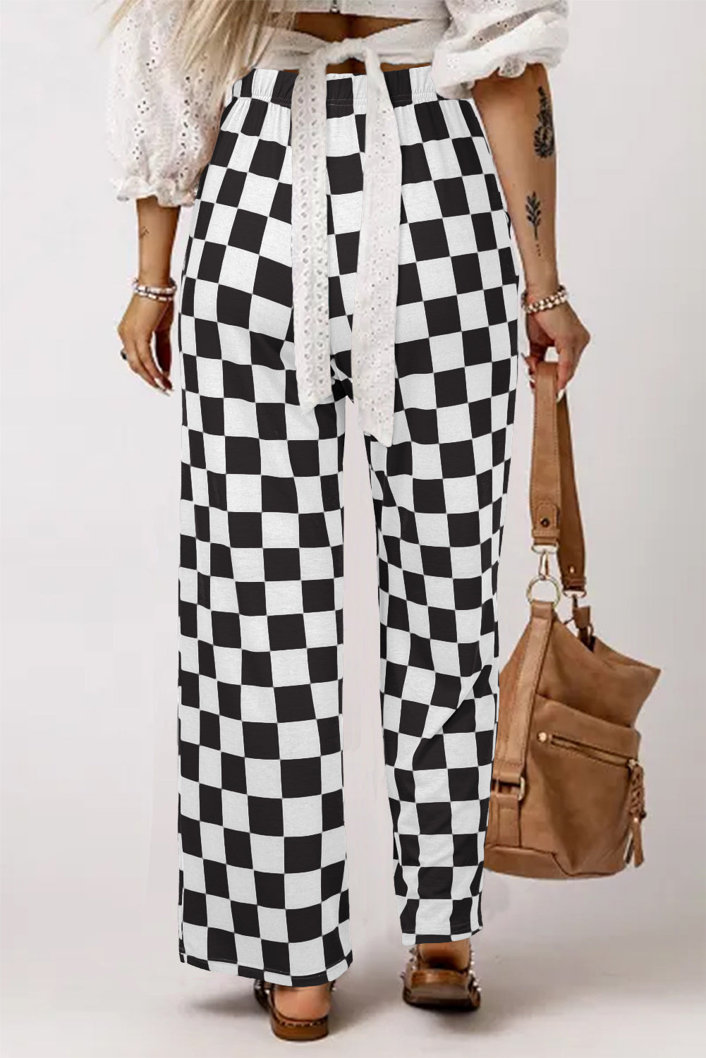 Wide Checked Print High Waist Pants