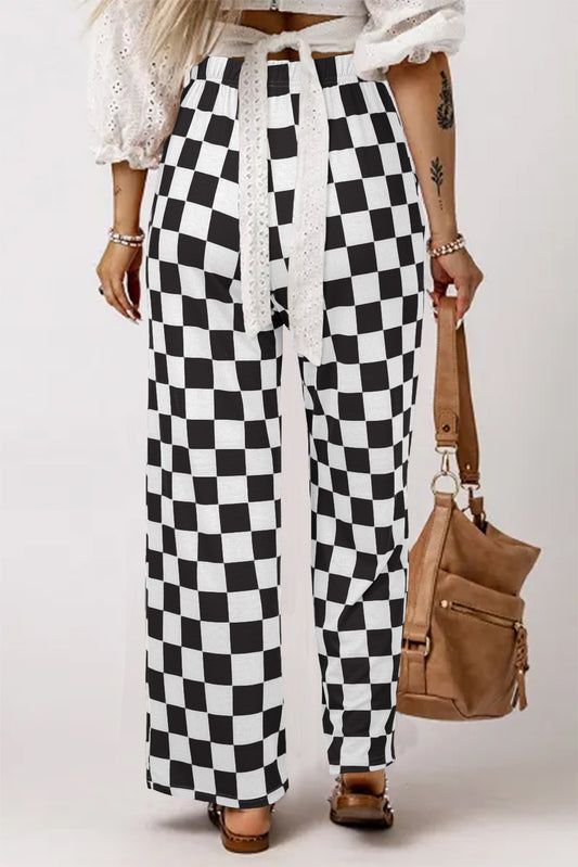 Wide Checked Print High Waist Pants