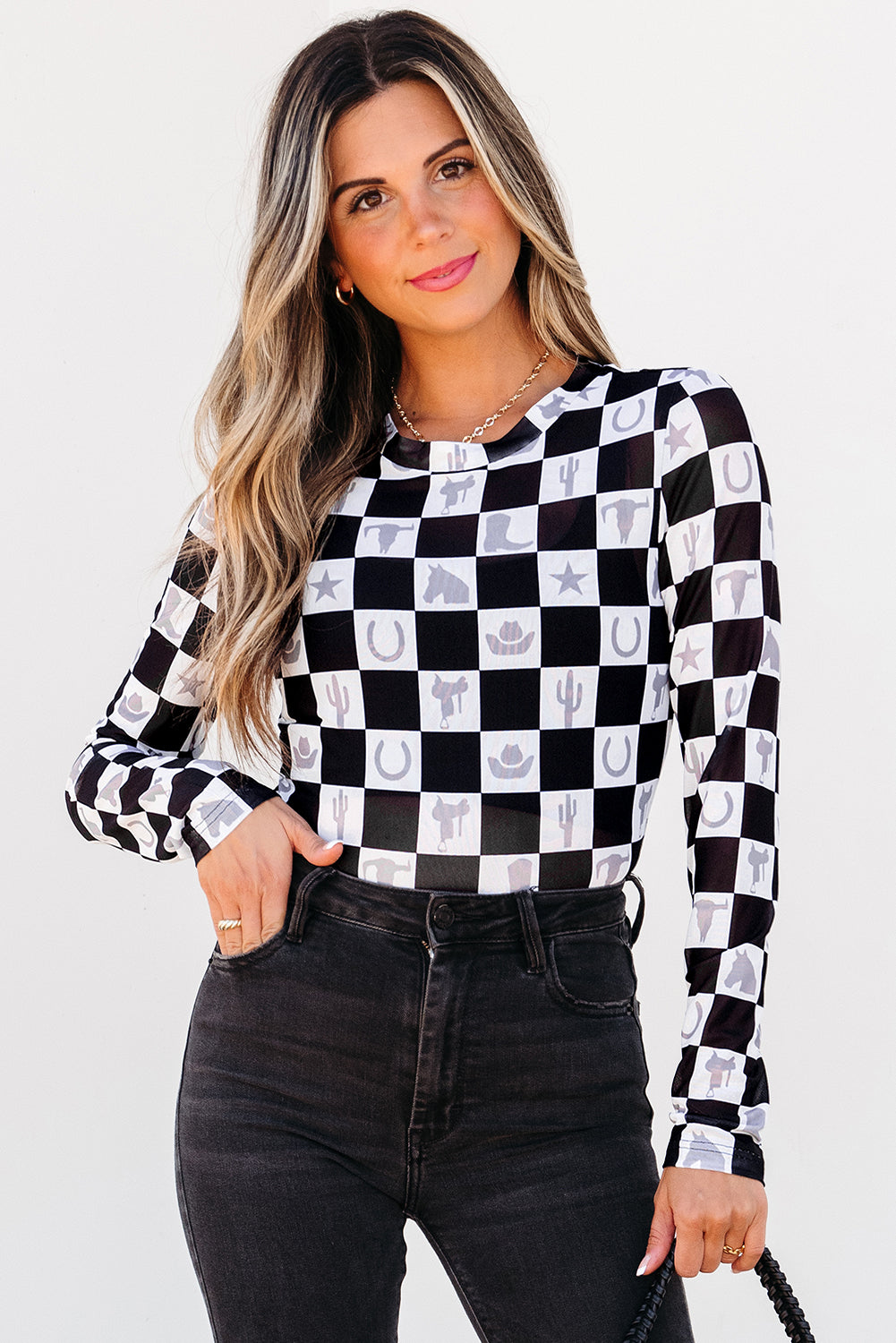 Black Checkerboard Western Elements Printed Mesh Top